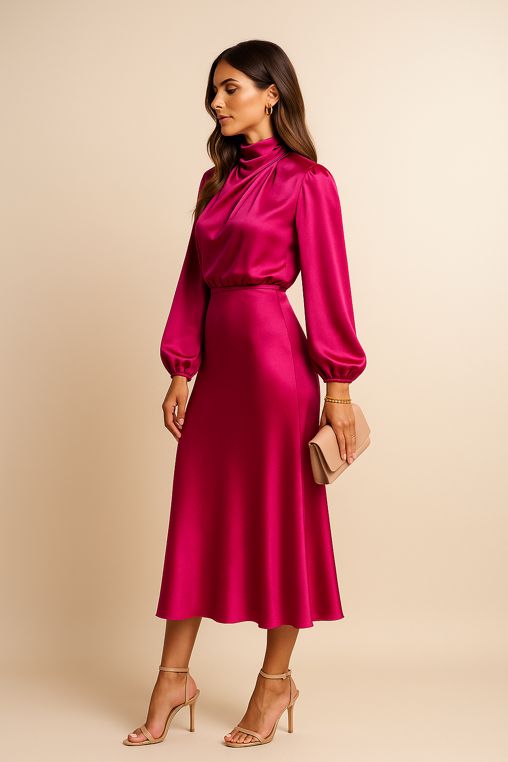 Robe élégant satin col montant midi long manches pour femme