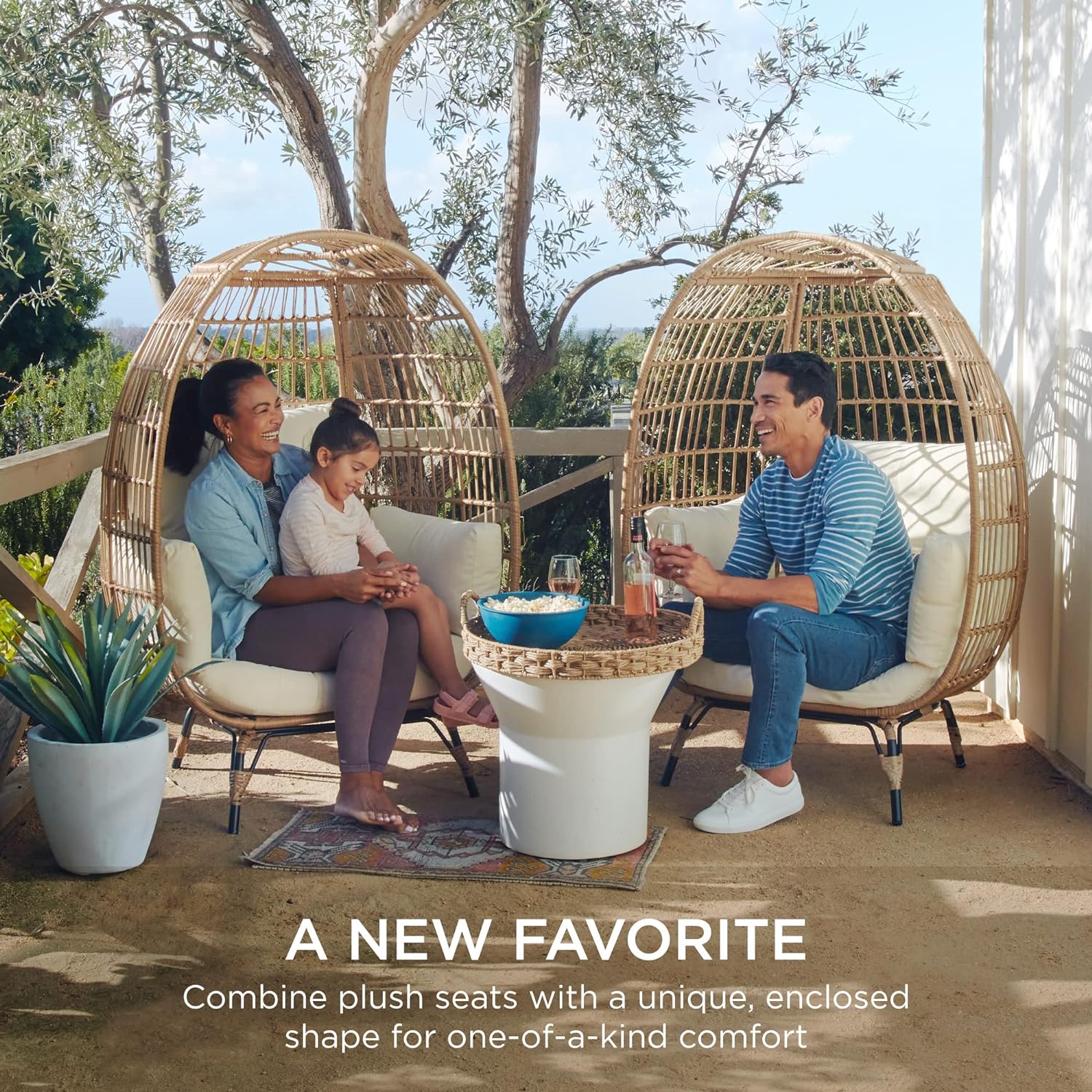 2026 Best Choice Products Korbsessel „Eierstuhl“, übergroße Liege für drinnen und draußen für Terrasse, Garten, Wohnzimmer mit 4 Kissen, Stahlrahmen, 200 kg Tragkraft, Elfenbein
