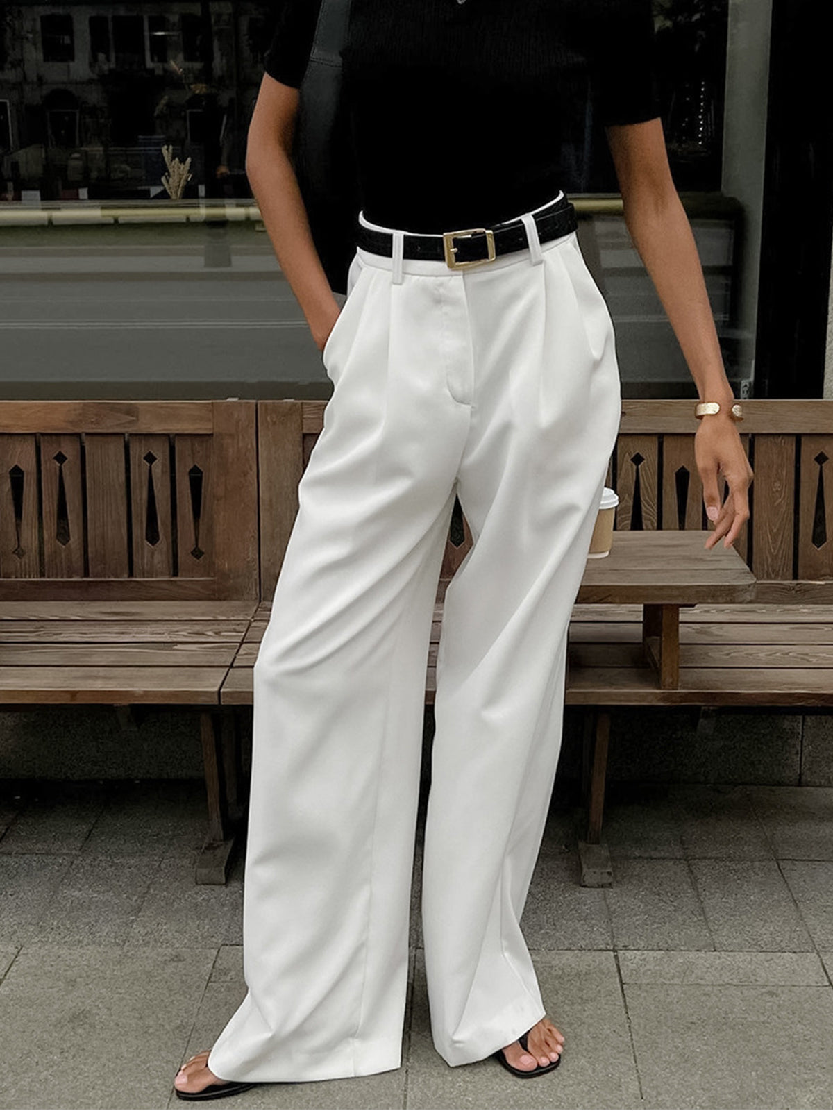 Pantalon coupe décontractée high waisted jambes larges tailleur bureau pour femme