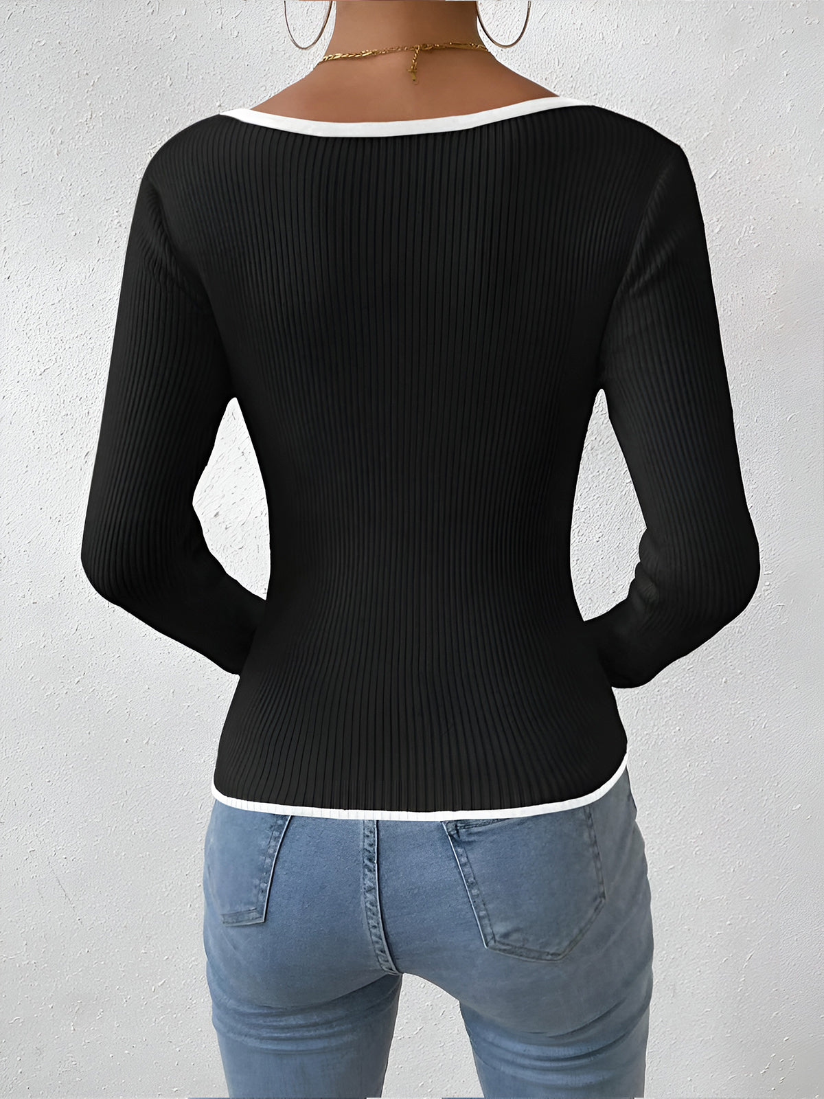 Haut hiver ribbed contrasté bordure tricoté col V pour femme