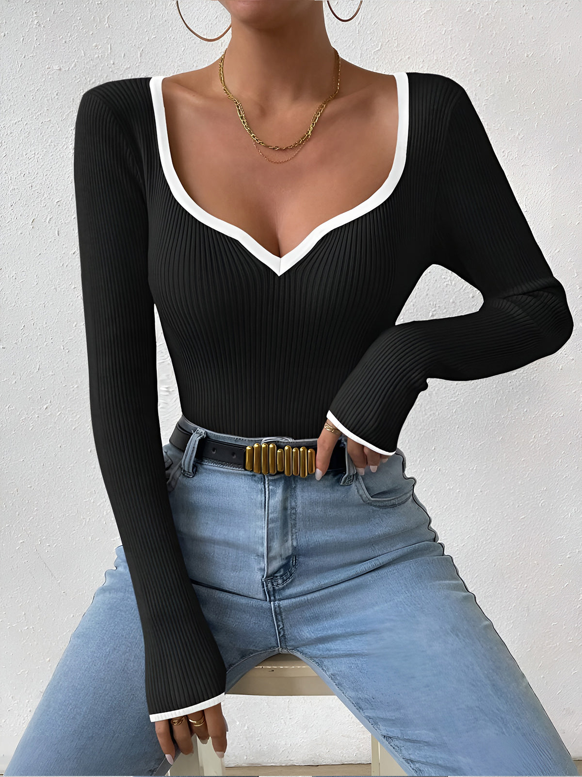 Haut hiver ribbed contrasté bordure tricoté col V pour femme