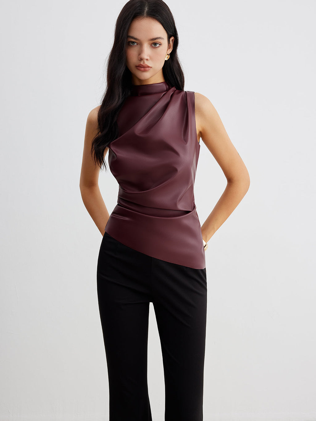Chemisier été en similicuir sans manches chic col montant pour femme