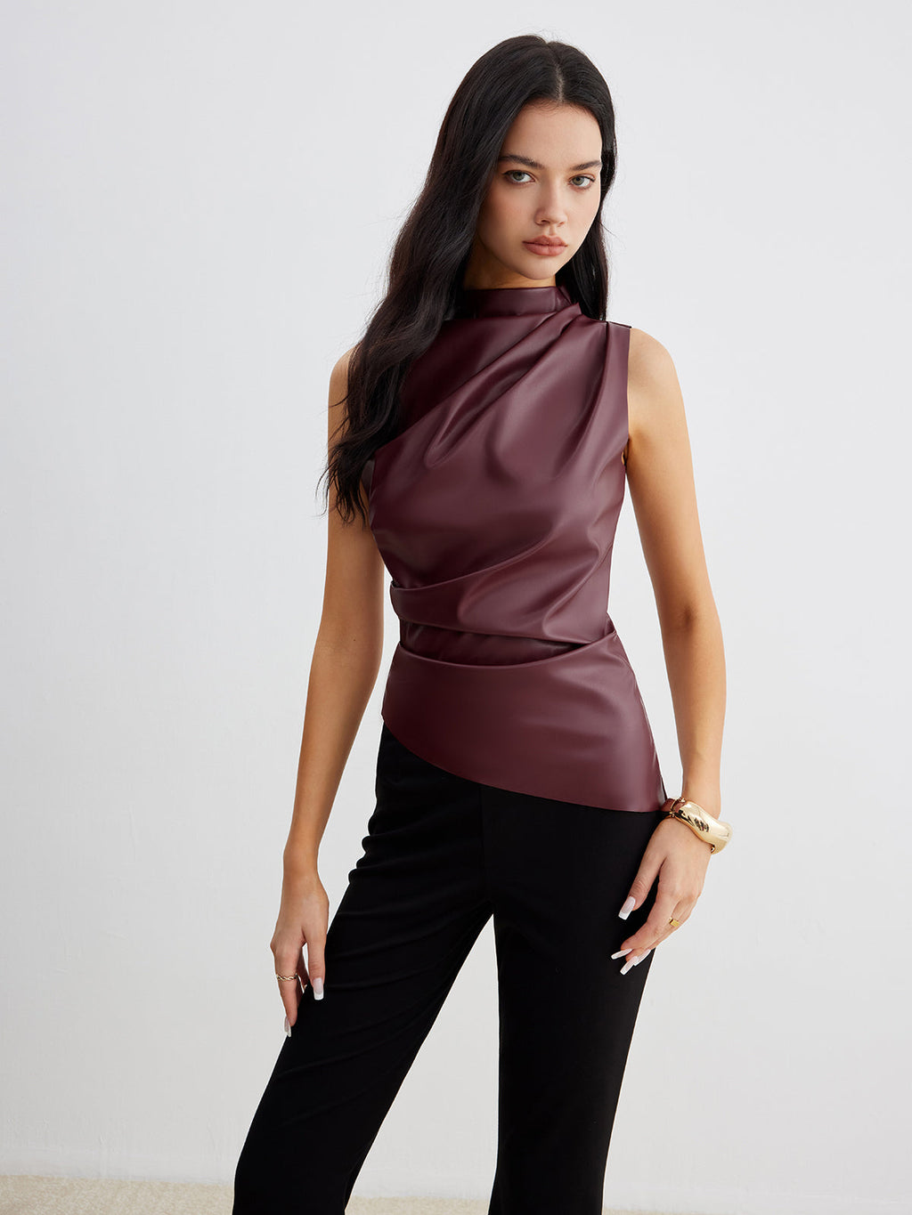 Chemisier été en similicuir sans manches chic col montant pour femme