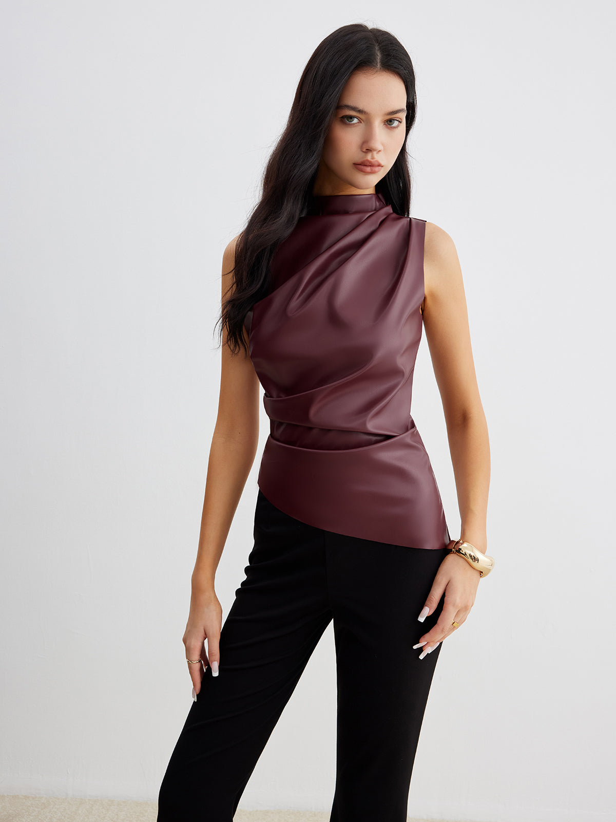 Chemisier été en similicuir sans manches chic col montant pour femme
