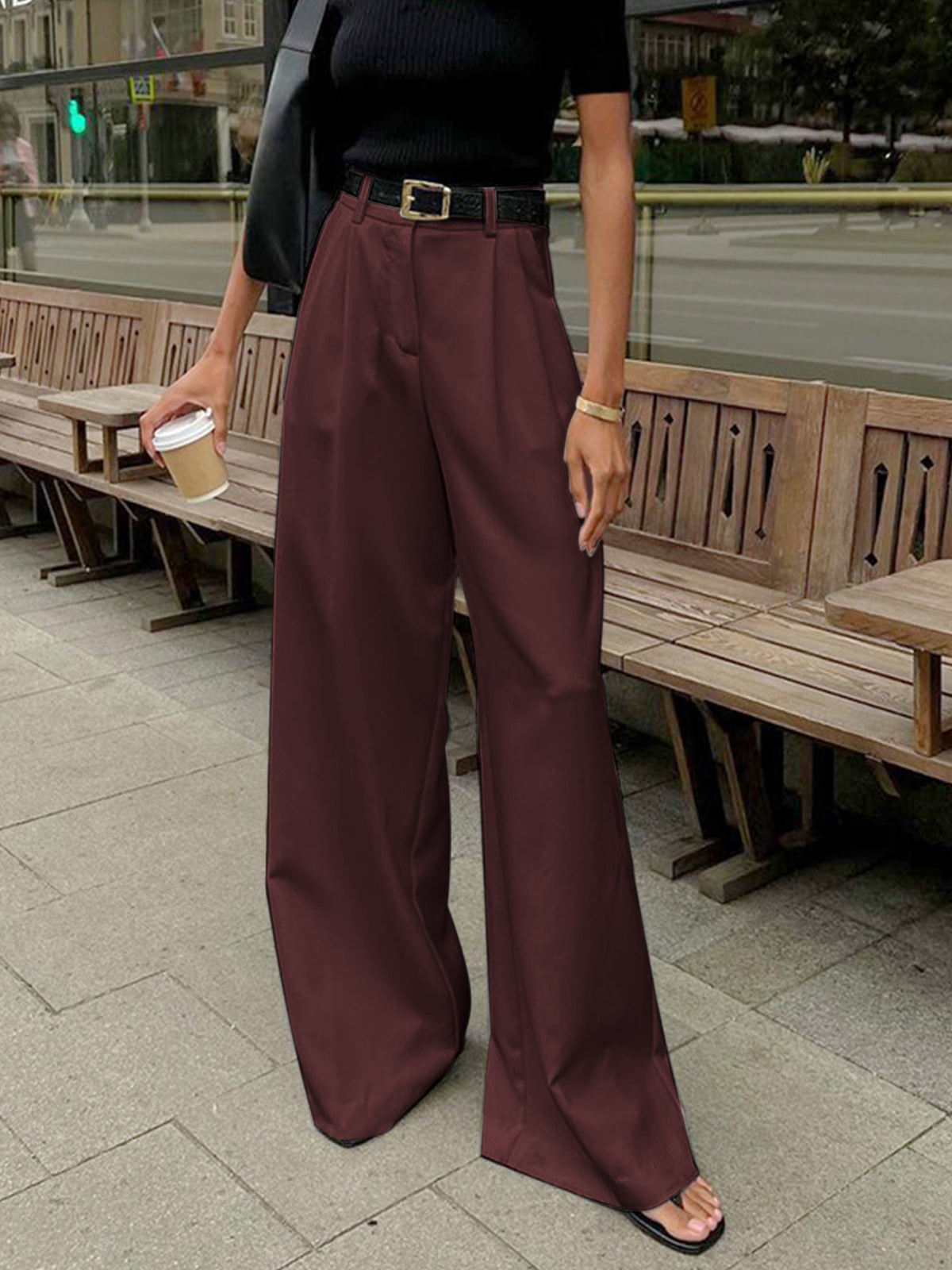 Pantalon coupe décontractée high waisted jambes larges tailleur bureau pour femme