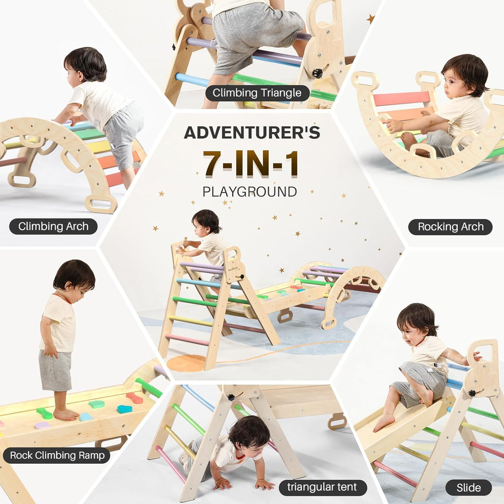 2026 Pikler-Dreieck-Set, 7-in-1, faltbares Baby-Kletterspielzeug, hölzernes Montessori-Kletterset mit Bogen, Rampe und Leiter, Baby-Klettergerät, Indoor-Klettergerüste für Kleinkinder, Montessori-Spielzeug – Regenbogen
