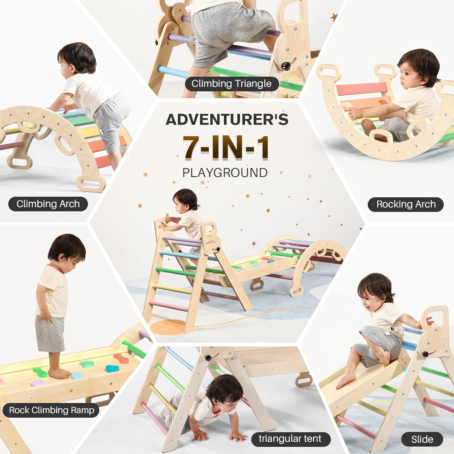 2026 Pikler-Dreieck-Set, 7-in-1, faltbares Baby-Kletterspielzeug, hölzernes Montessori-Kletterset mit Bogen, Rampe und Leiter, Baby-Klettergerät, Indoor-Klettergerüste für Kleinkinder, Montessori-Spielzeug – Regenbogen