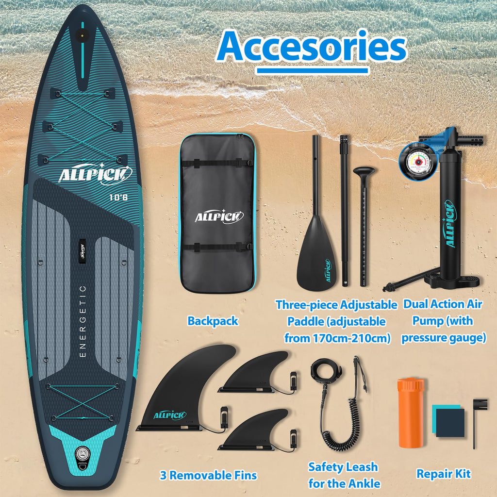 2026 ALLPICK Premium SUP Board Set, Stand Up Paddling Board Aufblasbar, Mit Universal Kamerahalterung, Komplettes Zubehör, Verstellbares Paddel, Anfänger, Fortgeschrittene, 180kg (Premium-Grün)