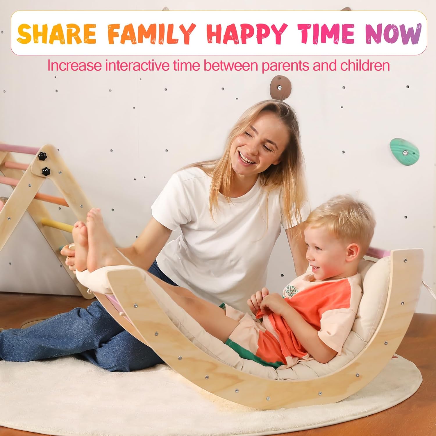2026 Dreieck-Set mit Kissen, 5-in-1 Montessori-Kletterset, faltbar, Kletter-Indoor-Spielplatz-Set für Kleinkinder, Holz-Kletterspielzeug mit Rampe und Kletterbogen für Kinder (Holzfarbe)
