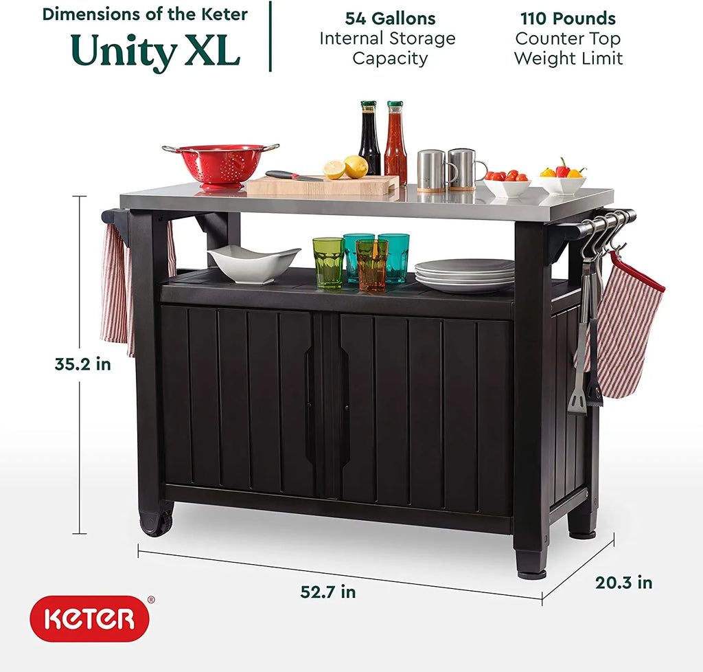 2026 2025 Keter Unity XL Mobiler Patio-Wagen – Wetterfester Außenküchentisch mit Edelstahl-Arbeitsfläche, Abschließbarem Stauraum & Zubehör