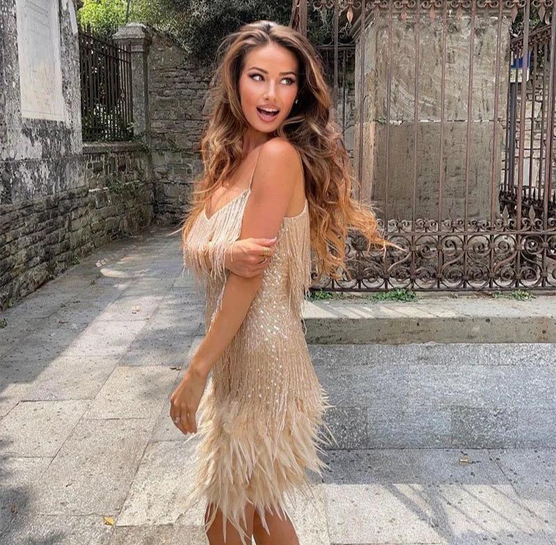 Women's Sequin Fringe Feather Mini Party Dress With Straps - LAKD London