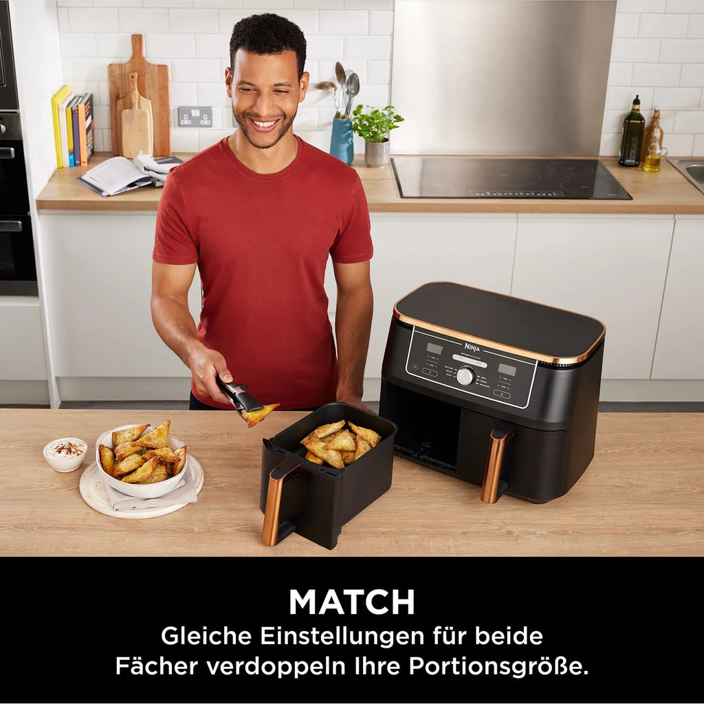 2026 Ninja Foodi MAX Dual Zone Heißluftfritteuse, 9,5L Airfryer, 2 Fächer, mit Zange, Antihaftbeschichtung, spülmaschinenfeste Körbe, 6-in-1, Amazon Exklusiv, Kupfer/Schwarz, AF400EUCP