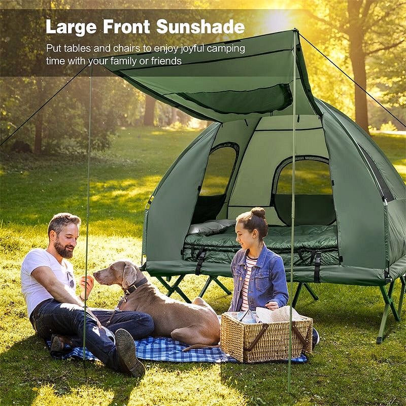 2026 Lit de Camping avec Tente 5-en-1 pour 2 Personnes – Combo Tente Outdoor Portable avec Matelas Gonflable, Sacs de Couchage & Pare-Soleil