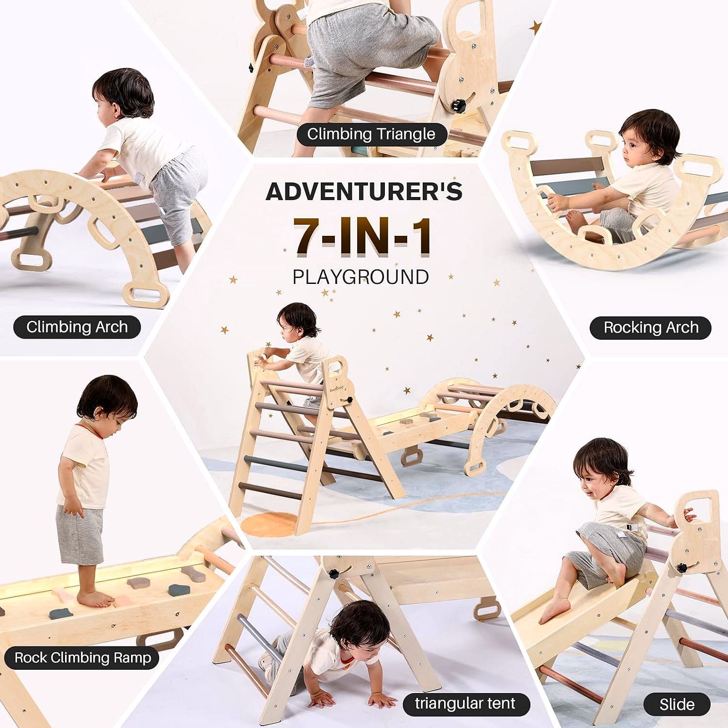 2026 Ensemble Triangle de Pikler 7-en-1 – Aire d’Escalade Montessori Pliable en Bois pour Enfants, avec Arche, Rampe & Échelle – Arc-en-ciel