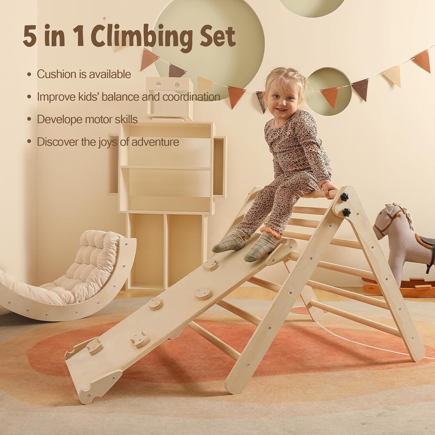 2026 Dreieck-Set mit Kissen, 5-in-1 Montessori-Kletterset, faltbar, Kletter-Indoor-Spielplatz-Set für Kleinkinder, Holz-Kletterspielzeug mit Rampe und Kletterbogen für Kinder (Holzfarbe)