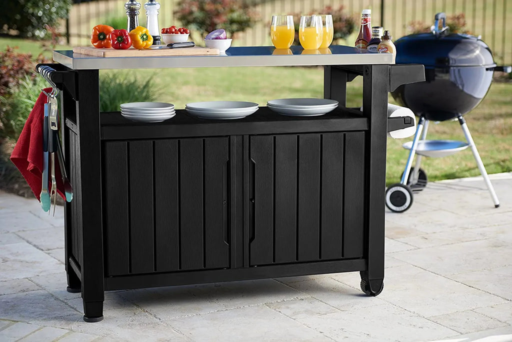 2026 2025 Keter Unity XL Mobiler Patio-Wagen – Wetterfester Außenküchentisch mit Edelstahl-Arbeitsfläche, Abschließbarem Stauraum & Zubehör