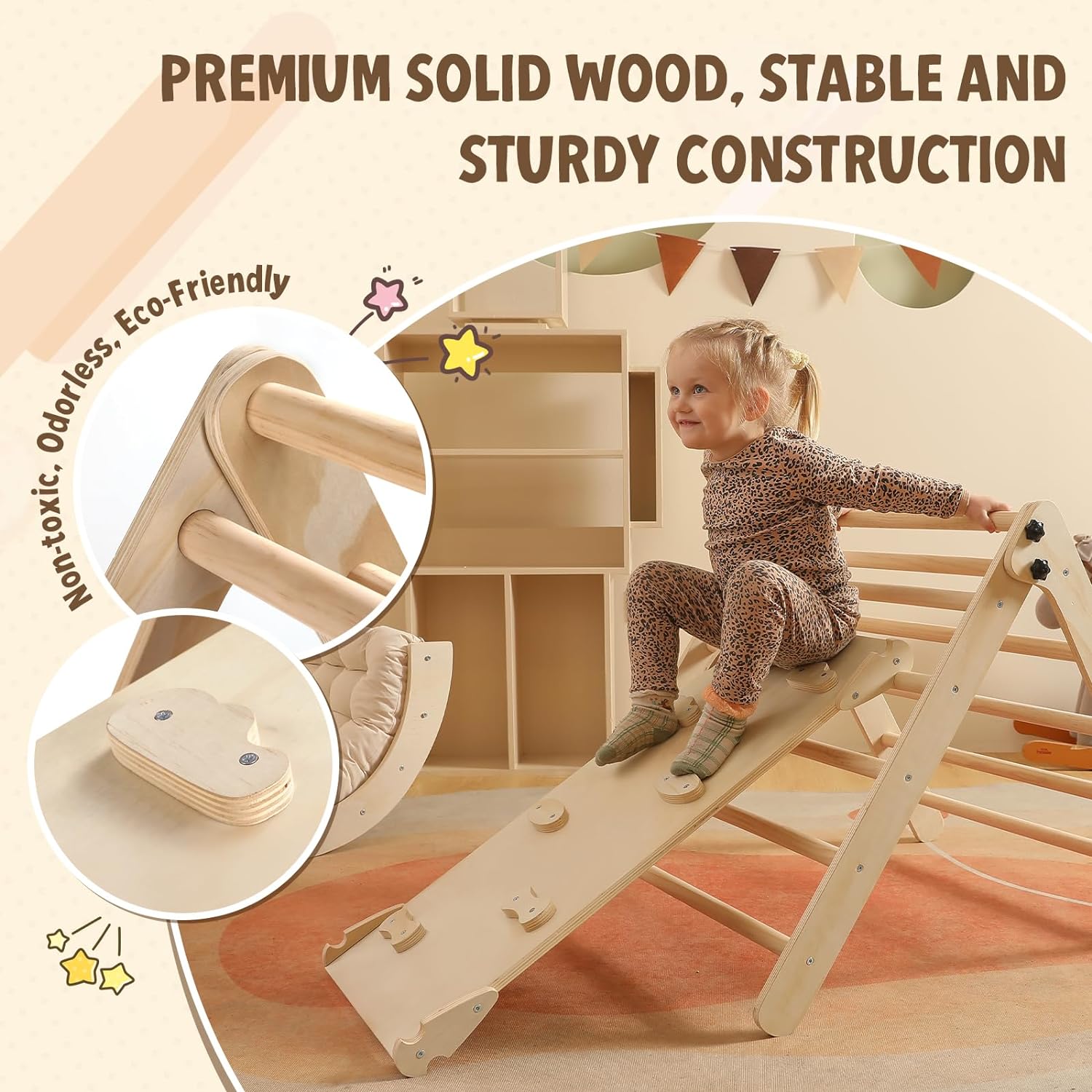 2026 Dreieck-Set mit Kissen, 5-in-1 Montessori-Kletterset, faltbar, Kletter-Indoor-Spielplatz-Set für Kleinkinder, Holz-Kletterspielzeug mit Rampe und Kletterbogen für Kinder (Holzfarbe)