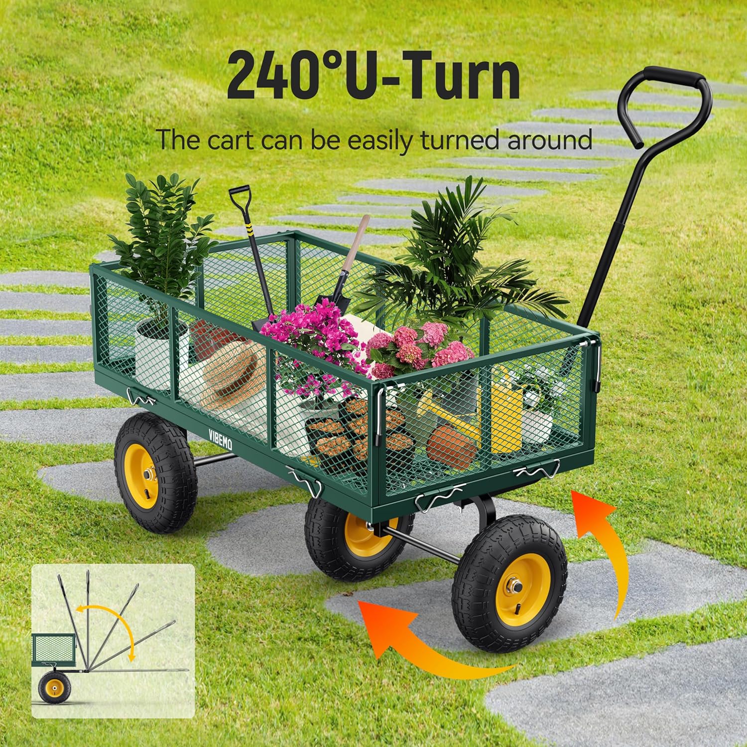 2026 Steel Garden Cart, 2-in-1 1400 lbs Heavy Duty Utility Wagon, with Removable Mesh Sides to Convert into Flatbed, 240° U-Turn 13" Pneumatic Tires Garden Wagon for Farm Yard Lawn Garden Camping