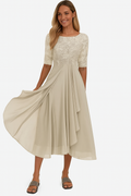 Women's summer lace bodice A-line midi dress by LAKD, featuring a feminine lace top and flowy skirt for special occasions.