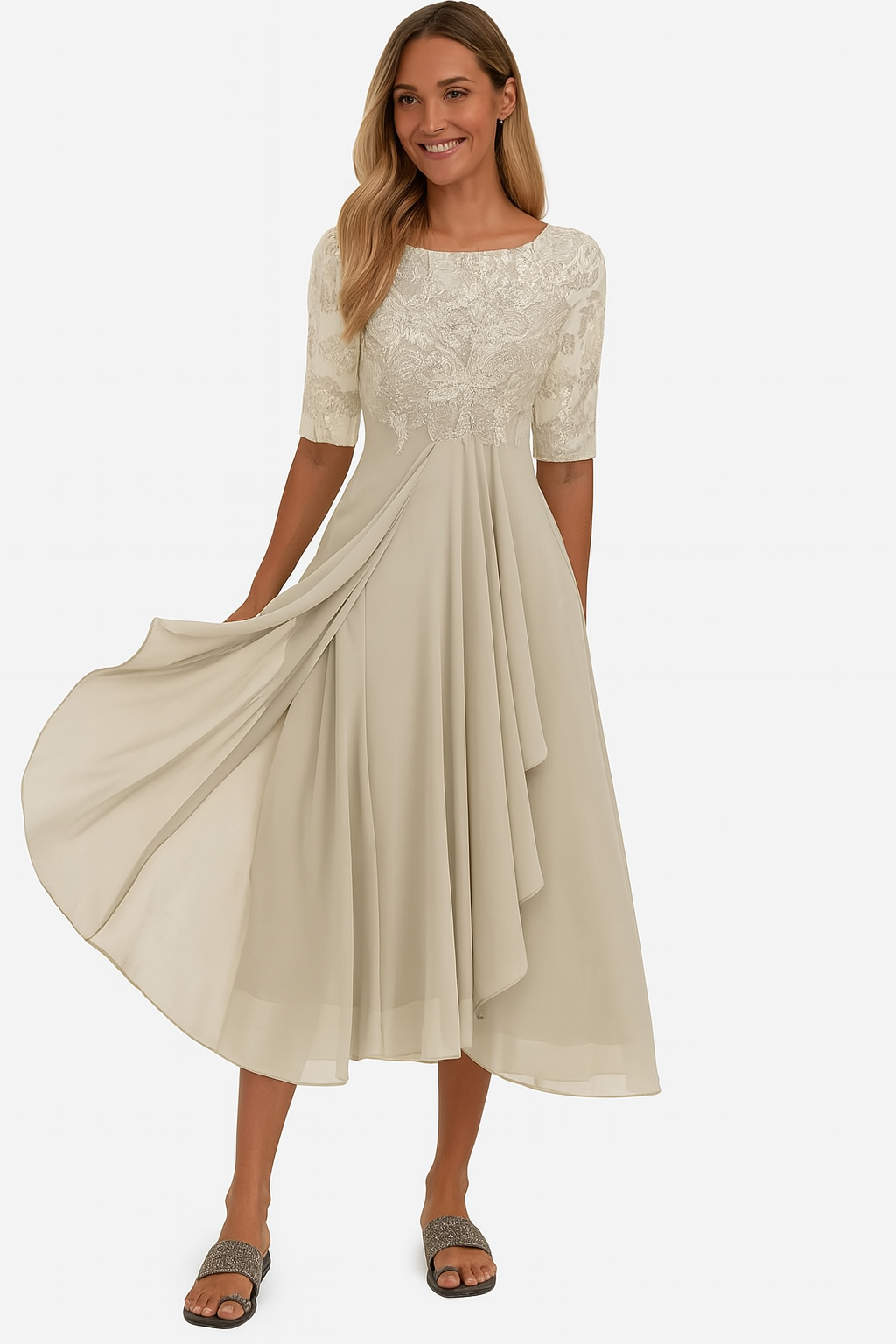 Women's summer lace bodice A-line midi dress by LAKD, featuring a feminine lace top and flowy skirt for special occasions.