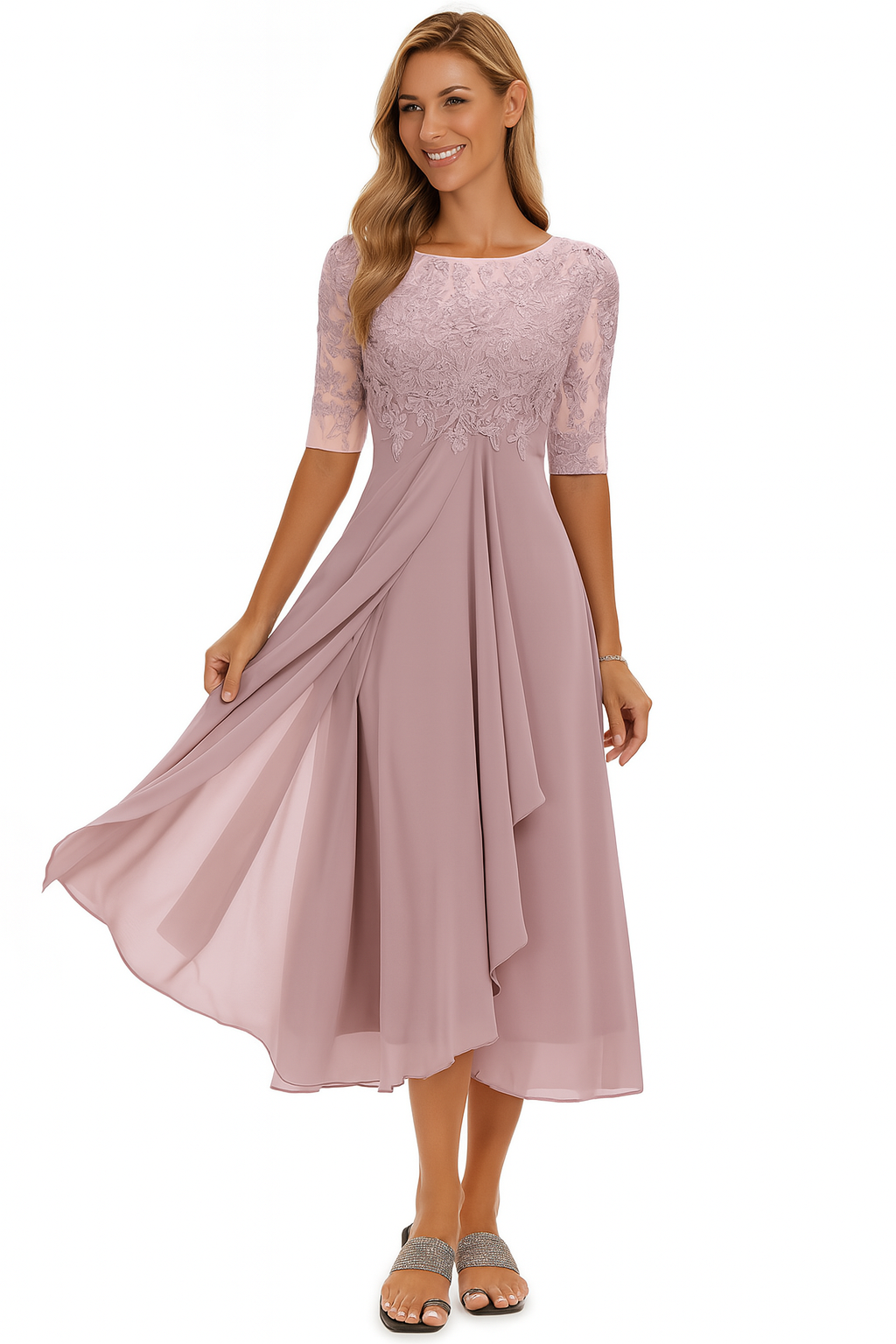 Women's summer lace bodice A-line midi dress by LAKD, featuring a flowy silhouette and elegant lace details for occasion wear.