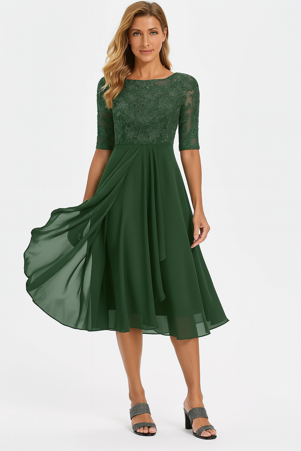 Women's LAKD summer lace bodice A-line midi dress, featuring a fitted top and flowing skirt for elegant occasion wear.