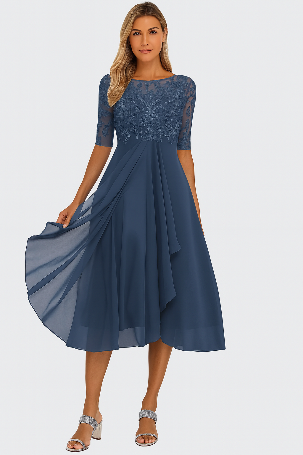 Women's summer lace bodice A-line midi dress by LAKD, featuring a feminine design perfect for occasions and warm weather.