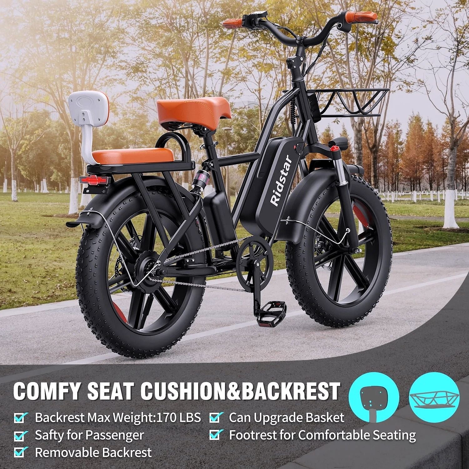 2026 Vélo Électrique pour Adultes, 750W, Autonomie de 30 à 70 Miles, Batterie Amovible 48V 15Ah, Fat Bike 20" x 4.0, 2 Places avec Fourche Suspendue, Certifié UL2849