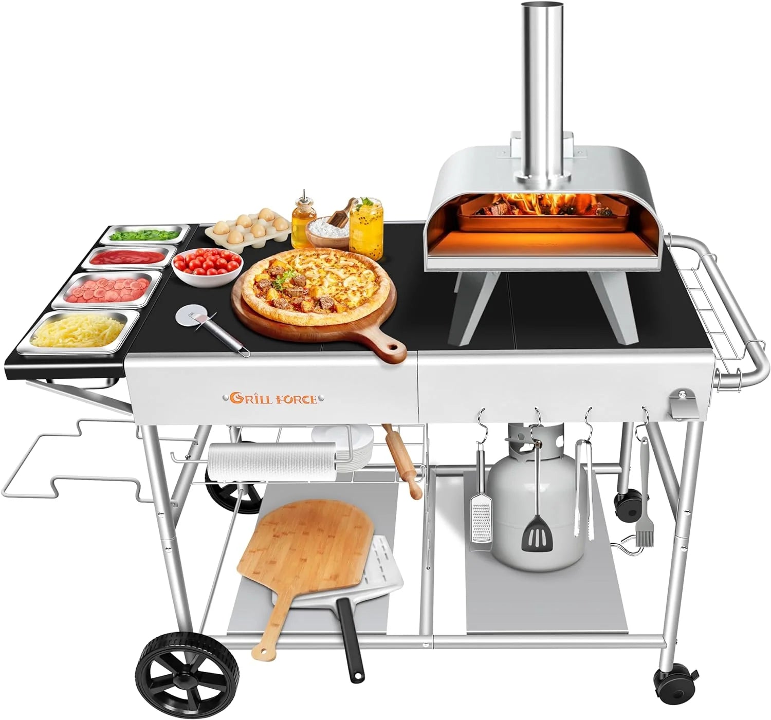 2026 Pizzaofentisch mit Belagstation, beweglicher Ständer zum Grillen im Freien - Schwarz