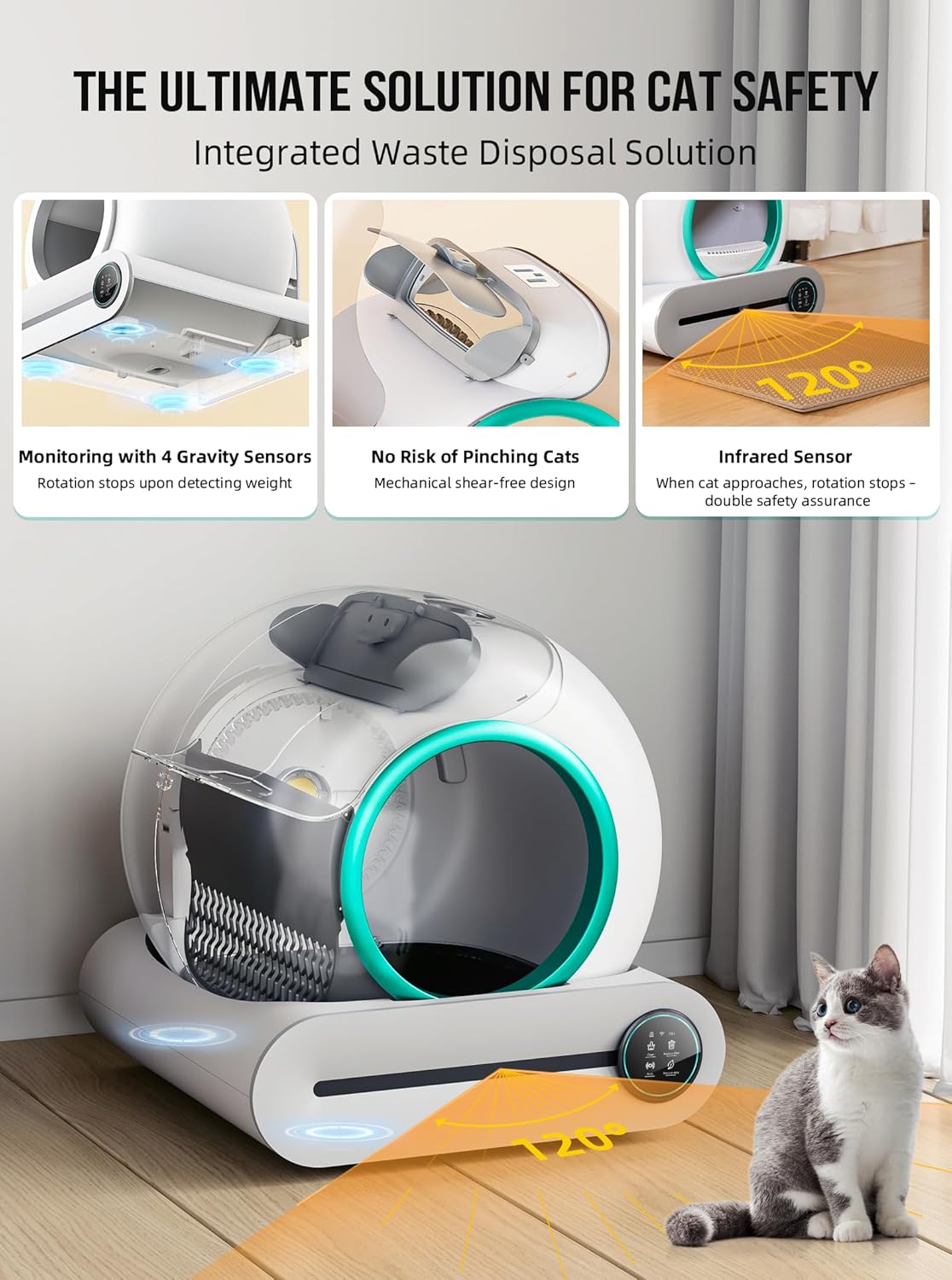 2026 Selbstreinigende Katzentoilette, Automatische Katzentoilette mit Matte und Einlagen, 65 l + 9 l große Kapazität, Selbstreinigende Katzentoilette, App-Steuerung/Geeignet für mehrere Katzen – Grau