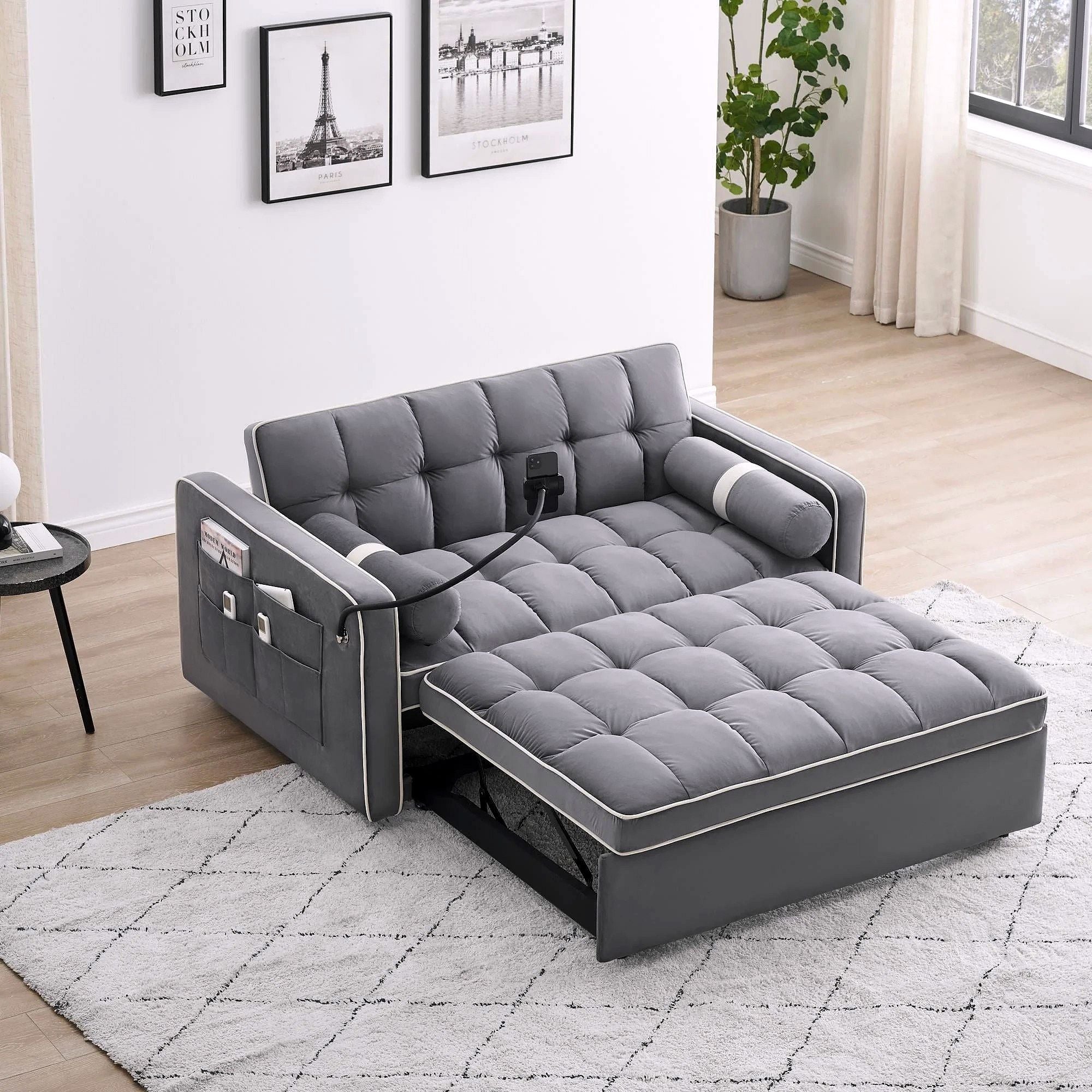 2026 Canapé-lit convertible 3-en-1, petit canapé en velours avec lit escamotable, dossier réglable, coussins cylindriques, poches multiples et porte-téléphone – Gris, 55,5"