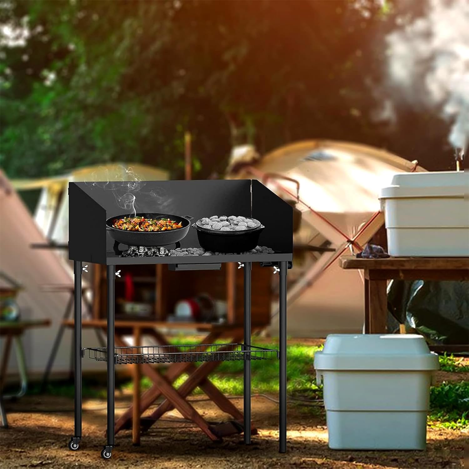 2026 Kochtisch für Outdoor-Camping für Dutch Oven und Lebensmittelzubereitung, zusammenklappbarer Grilltisch, Camping-Küchenstation mit seitlichem Windschutz und Aufbewahrungskorb für Grillen im Garten, Picknick, Wohnmobil