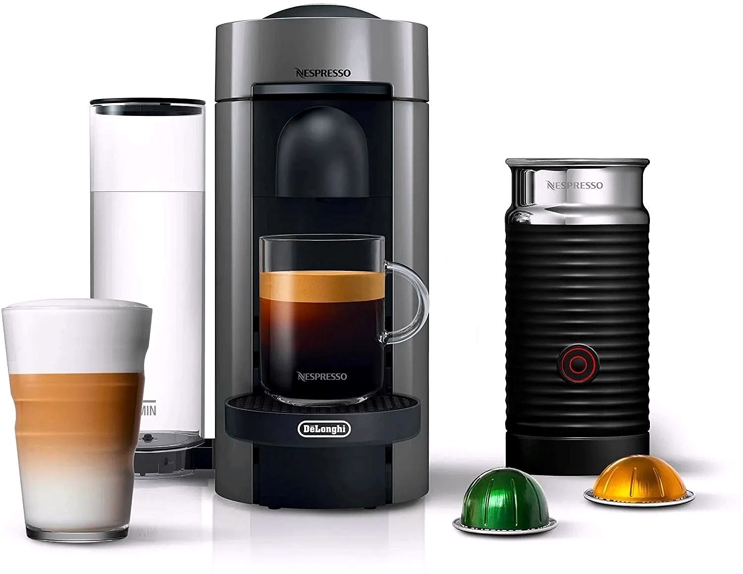 2026 Machine à café et espresso Nespresso Vertuo Plus par De'Longhi, grise, avec mousseur à lait Aeroccino