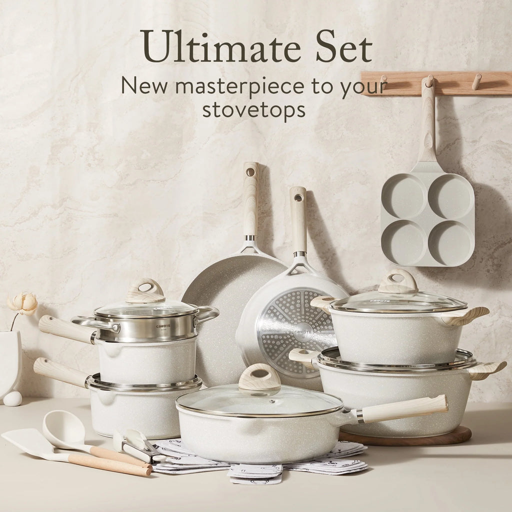2026 Carote Antihaft-Topf- und Pfannen-Set, 21-teilig, Induktions-Kochgeschirr-Sets (Beige Granit)