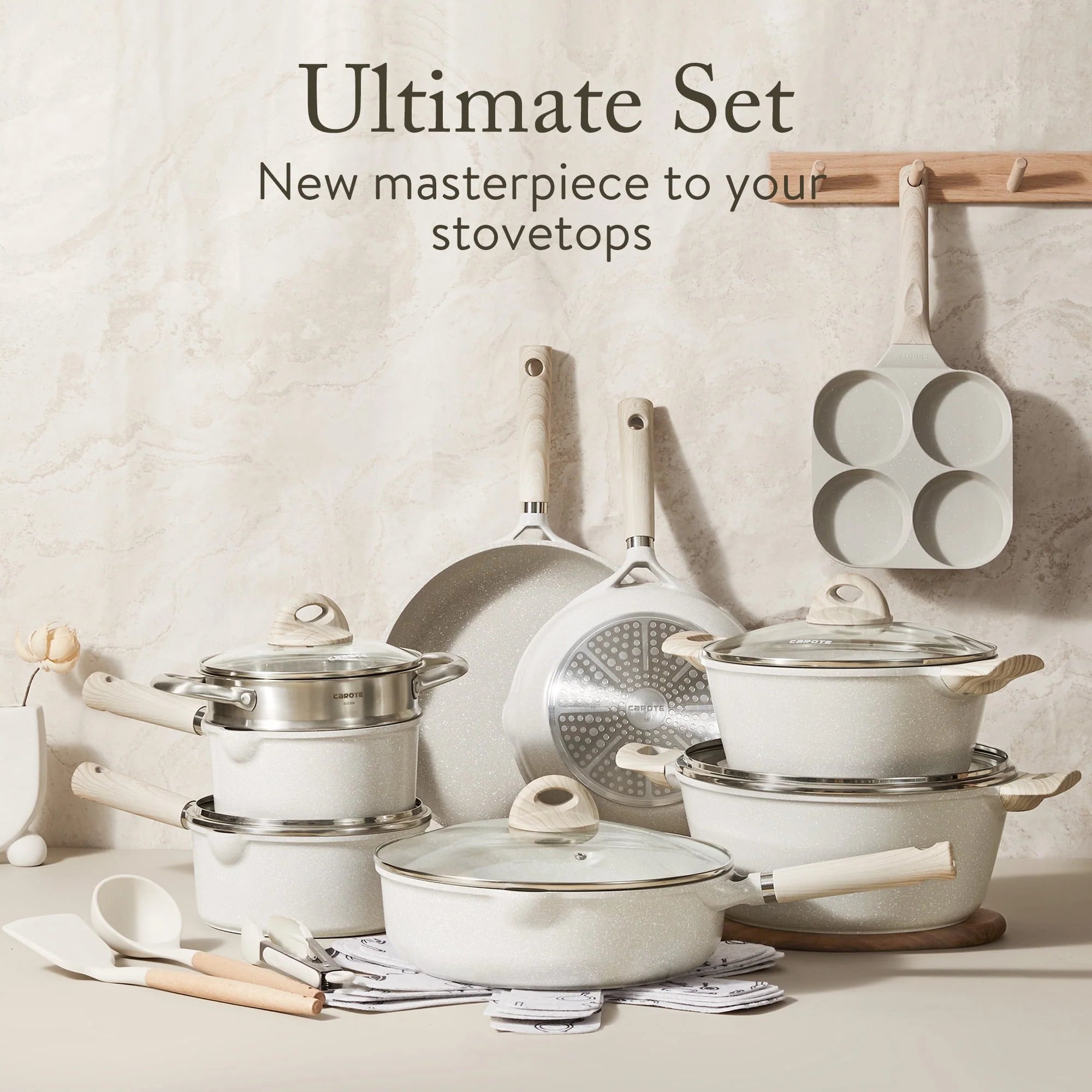 2026 Carote Antihaft-Topf- und Pfannen-Set, 21-teilig, Induktions-Kochgeschirr-Sets (Beige Granit)