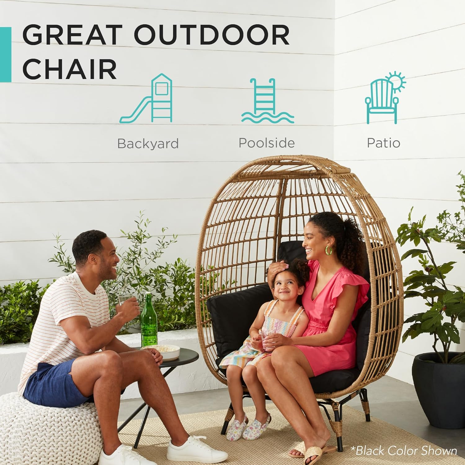 2026 Best Choice Products Korbsessel „Eierstuhl“, übergroße Liege für drinnen und draußen für Terrasse, Garten, Wohnzimmer mit 4 Kissen, Stahlrahmen, 200 kg Tragkraft, Elfenbein