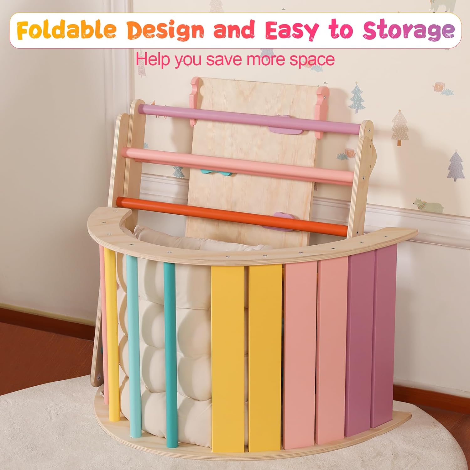 2026 Dreieck-Set mit Kissen, 5-in-1 Montessori-Kletterset, faltbar, Kletter-Indoor-Spielplatz-Set für Kleinkinder, Holz-Kletterspielzeug mit Rampe und Kletterbogen für Kinder (Holzfarbe)
