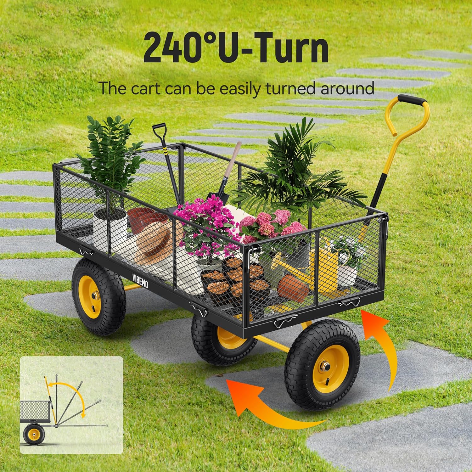 2026 Steel Garden Cart, 2-in-1 1400 lbs Heavy Duty Utility Wagon, with Removable Mesh Sides to Convert into Flatbed, 240° U-Turn 13" Pneumatic Tires Garden Wagon for Farm Yard Lawn Garden Camping