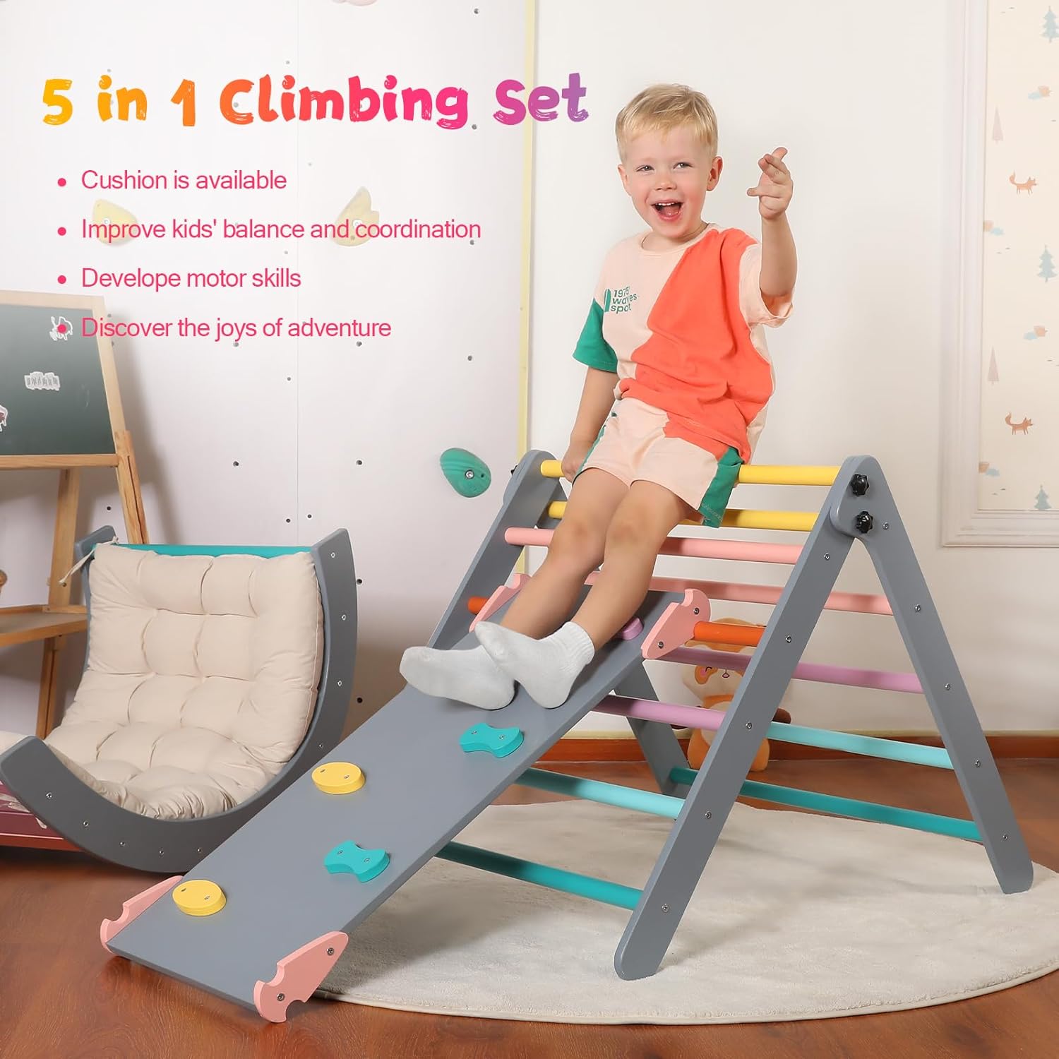 2026 Dreieck-Set mit Kissen, 5-in-1 Montessori-Kletterset, faltbar, Kletter-Indoor-Spielplatz-Set für Kleinkinder, Holz-Kletterspielzeug mit Rampe und Kletterbogen für Kinder (Holzfarbe)