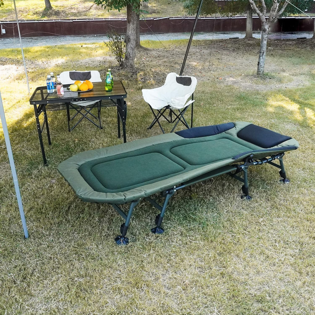 2026 Campingbetten für Erwachsene, 150 kg, mit Tragetasche, robustes Klappbett mit weich gepolstertem Kissen, tragbares Militärbett für die Jagd, um 180° verstellbare Liegefläche für den Außenbereich