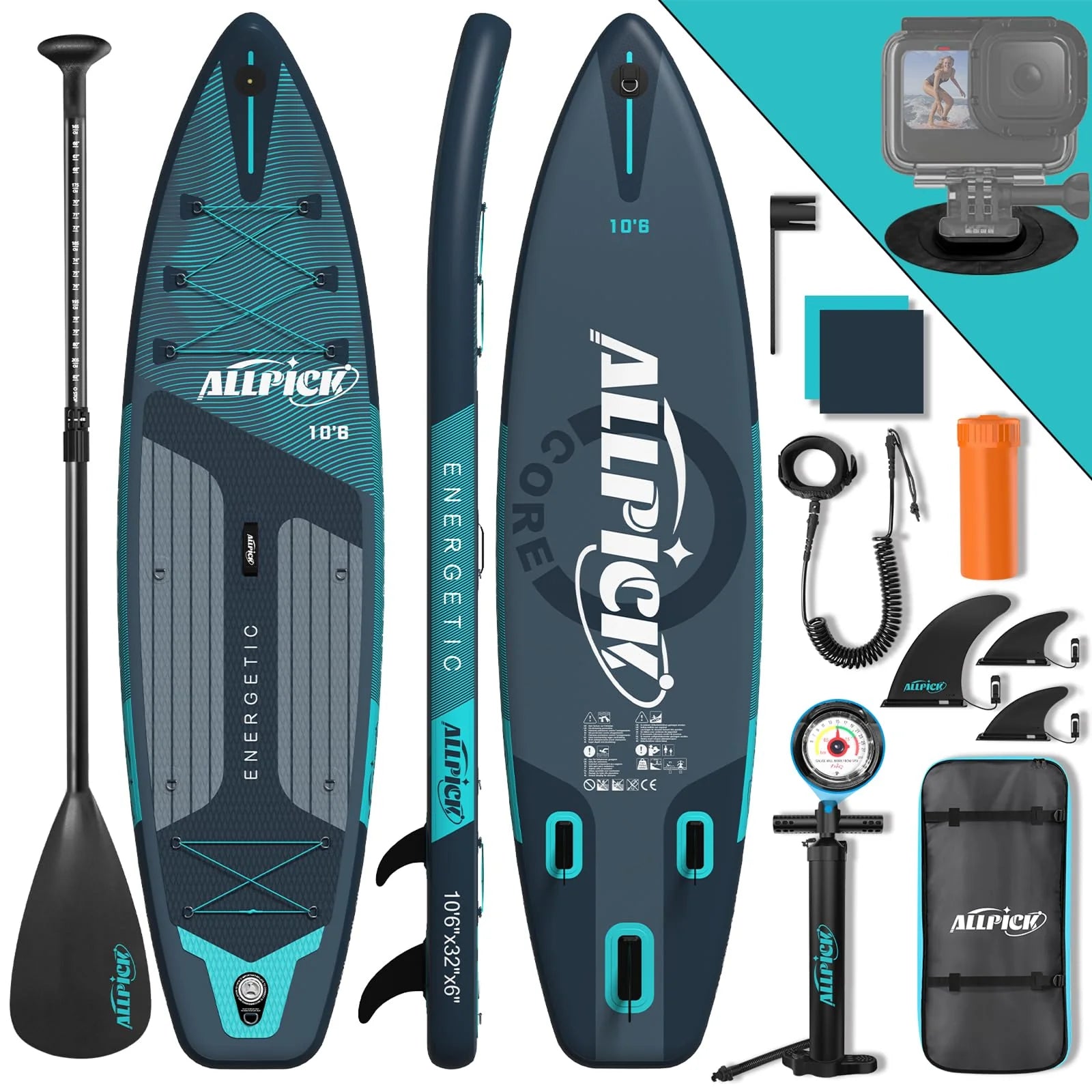 2026 ALLPICK Premium SUP Board Set, Stand Up Paddling Board Aufblasbar, Mit Universal Kamerahalterung, Komplettes Zubehör, Verstellbares Paddel, Anfänger, Fortgeschrittene, 180kg (Premium-Grün)