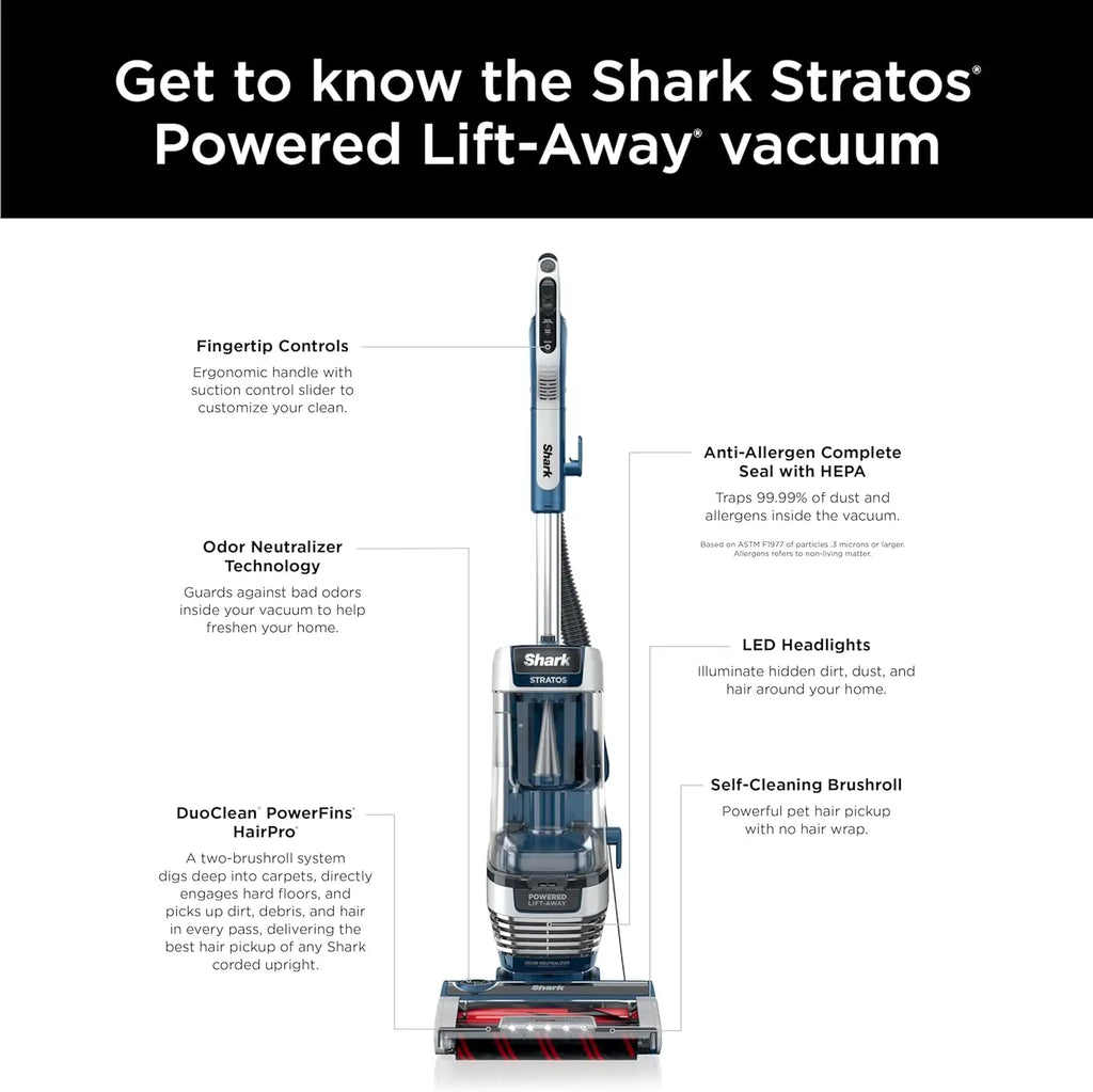 2026 Shark AZ3002 Stratos Standstaubsauger mit DuoClean PowerFins, HairPro, Powered Lift-Away, selbstreinigender Bürstenrolle und Geruchsneutralisierungstechnologie, Marineblau