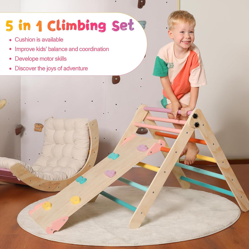 2026 Dreieck-Set mit Kissen, 5-in-1 Montessori-Kletterset, faltbar, Kletter-Indoor-Spielplatz-Set für Kleinkinder, Holz-Kletterspielzeug mit Rampe und Kletterbogen für Kinder (Holzfarbe)