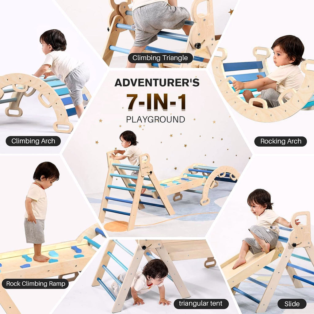 2026 Ensemble Triangle de Pikler 7-en-1 – Aire d’Escalade Montessori Pliable en Bois pour Enfants, avec Arche, Rampe & Échelle – Arc-en-ciel