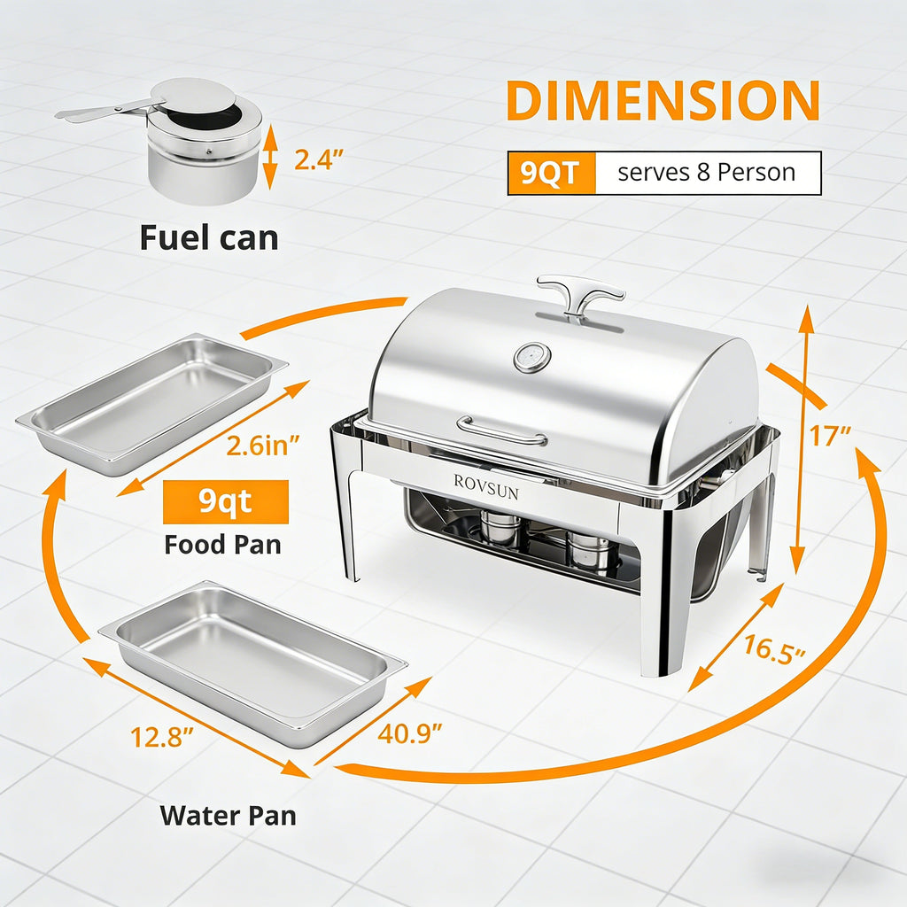 2026 9 QT Roll Top Rectangle Chafing Dish Set with Full Size Pan & Visible Window