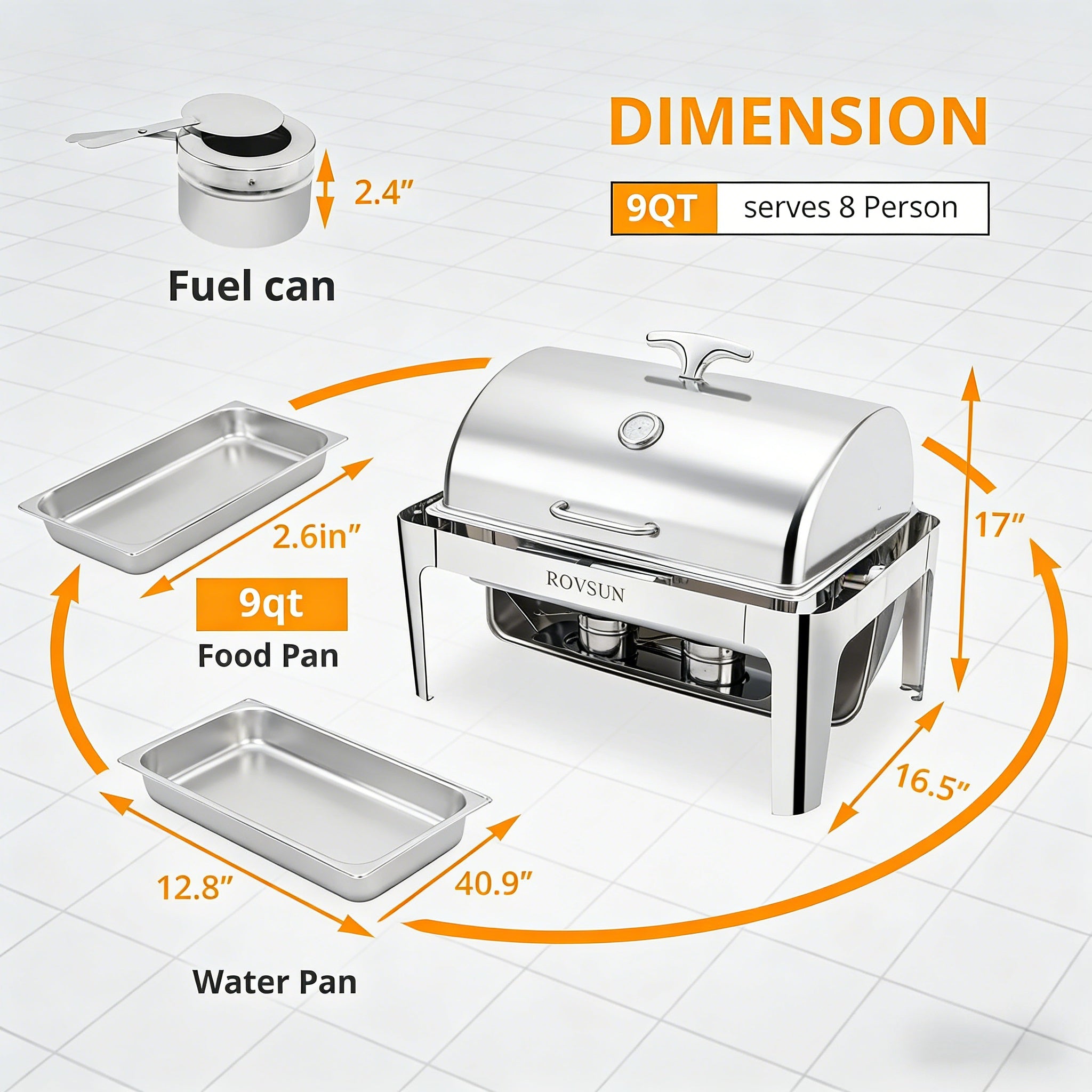 2026 9 QT Roll Top Rectangle Chafing Dish Set with Full Size Pan & Visible Window