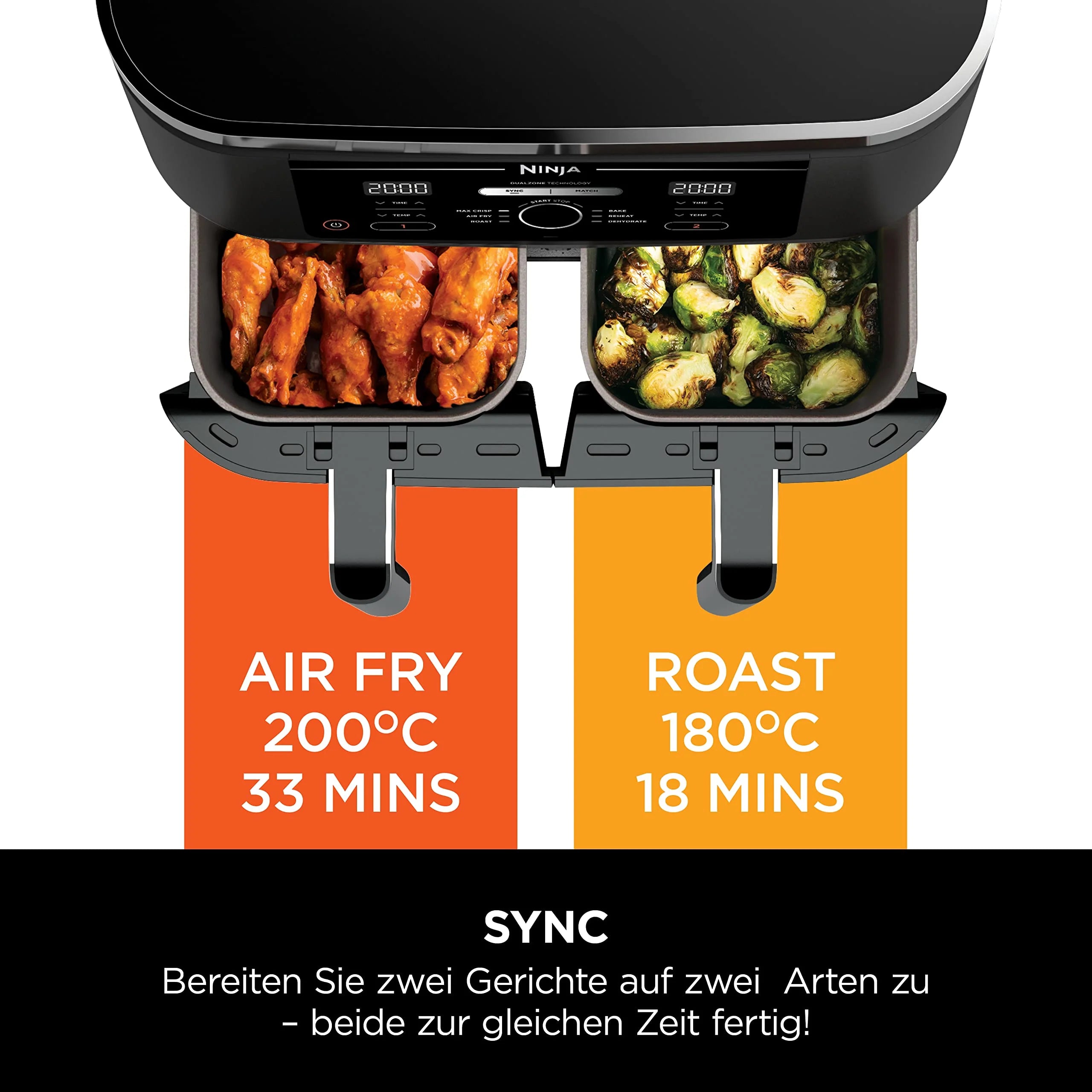 2026 Ninja Foodi MAX Dual Zone Digitale Heißluftfritteuse, 9,5L Airfryer, 2 Fächer, Antihaftbeschichtung, spülmaschinenfeste Körbe, 6-in-1, 8 Portionen, Schwarz AF400EU