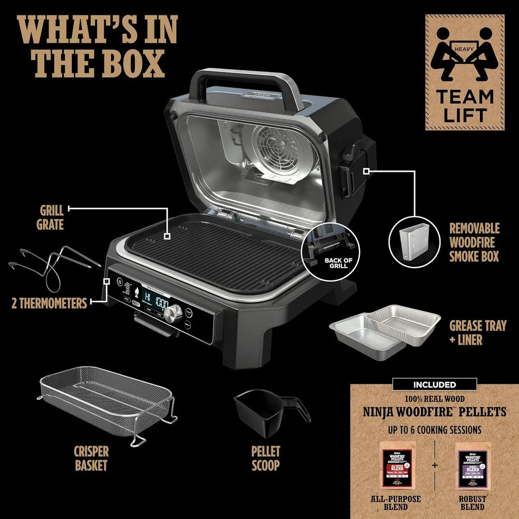 2026 Premium XL Outdoor-Grill & Smoker, Bluetooth, App-fähig, 7-in-1 Master Grill, BBQ-Smoker, Outdoor-Heißluftfritteuse, Woodfire-Technologie, 2 eingebaute Thermometer, Schwarz