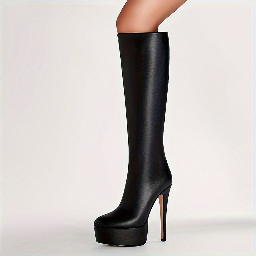 Bottes high tige haute talon aiguille épais bottom élégant en cuir zippé pour femme