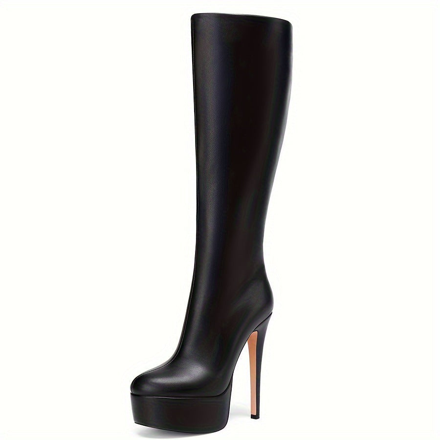 Bottes high tige haute talon aiguille épais bottom élégant en cuir zippé pour femme